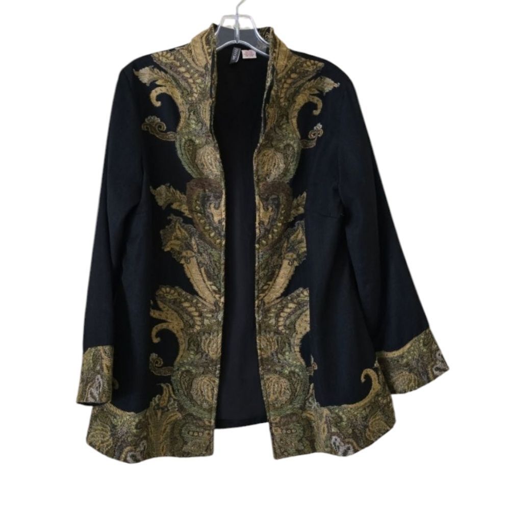 ANU‎ Womens Black and Gold Embroidered Women's Jacket Blazer Sz Medium Lagenlook